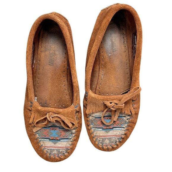 Minnetonka Shoes - Minnetonka Suede Aztec Brown Aztec Moccasins